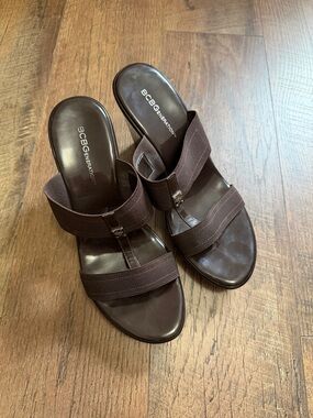 BCBGeneration Dark Brown Elastic Strap Slide Mules
